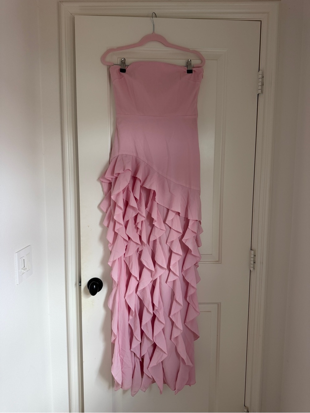 Oh Polly Blush Pink Strapless Ruffle Gown